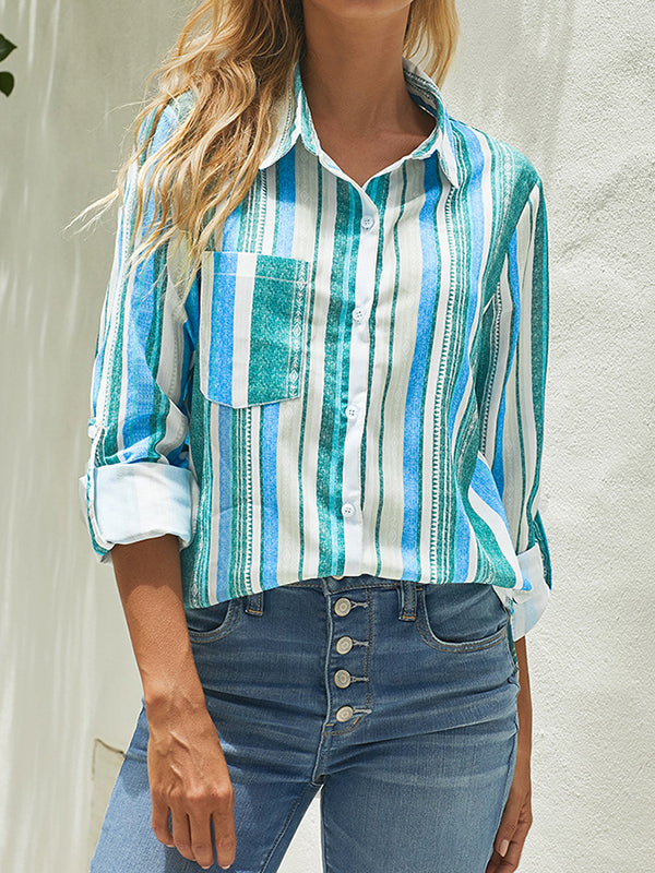 High-Low Long Sleeves Buttoned Pockets Striped Lapel Blouses&Shirts Tops