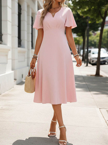 A-Line High Waisted Pleated Solid Color V-Neck Midi Dresses