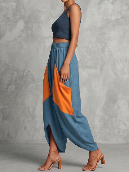 High Waisted Loose Contrast Color Elasticity Pockets Split-Joint Ninth Pants Trousers