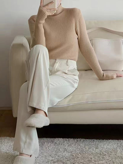 Long Sleeves Skinny Solid Color High-Neck Knitwear Pullovers Sweater Tops