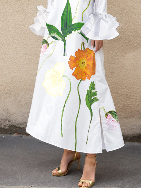 A-Line Flared Sleeves Floral Printed Split-Joint Split-Side Lapel Collar Maxi Dresses Shirt Dress