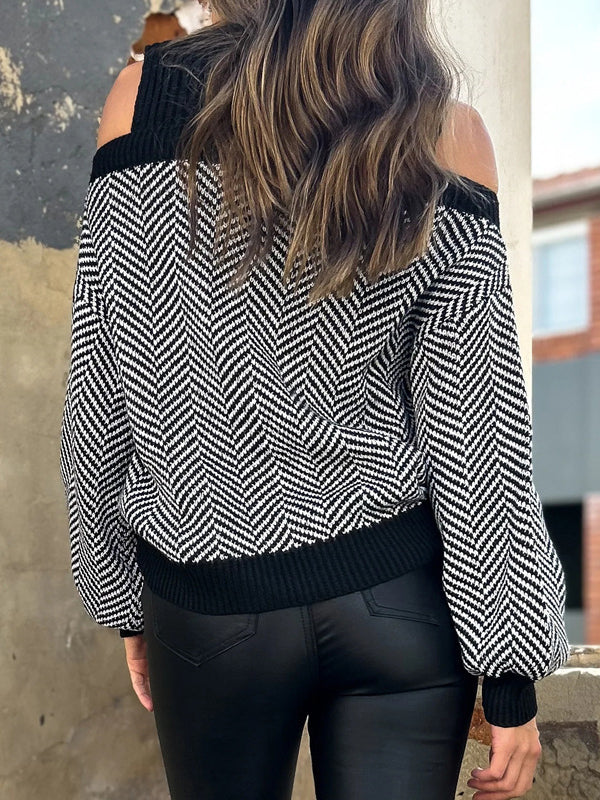 Loose Puff Sleeves Contrast Color Split-Joint Cold Shoulder Sweater Tops