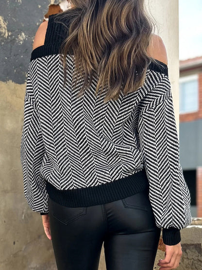 Loose Puff Sleeves Contrast Color Split-Joint Cold Shoulder Sweater Tops