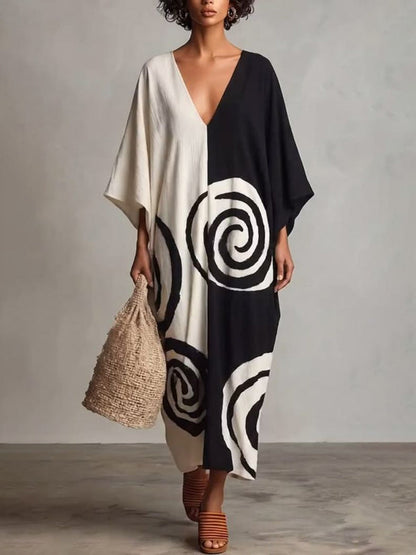 Printed Contrast Color Three-quarter Sleeves Loose Deep V-Neck Midi Dresses