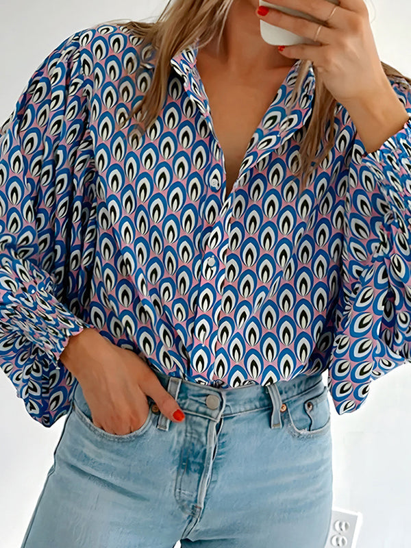 Long Sleeves Loose Buttoned Contrast Color Elasticity Lapel Blouses&Shirts Tops