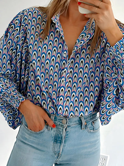Long Sleeves Loose Buttoned Contrast Color Elasticity Lapel Blouses&Shirts Tops