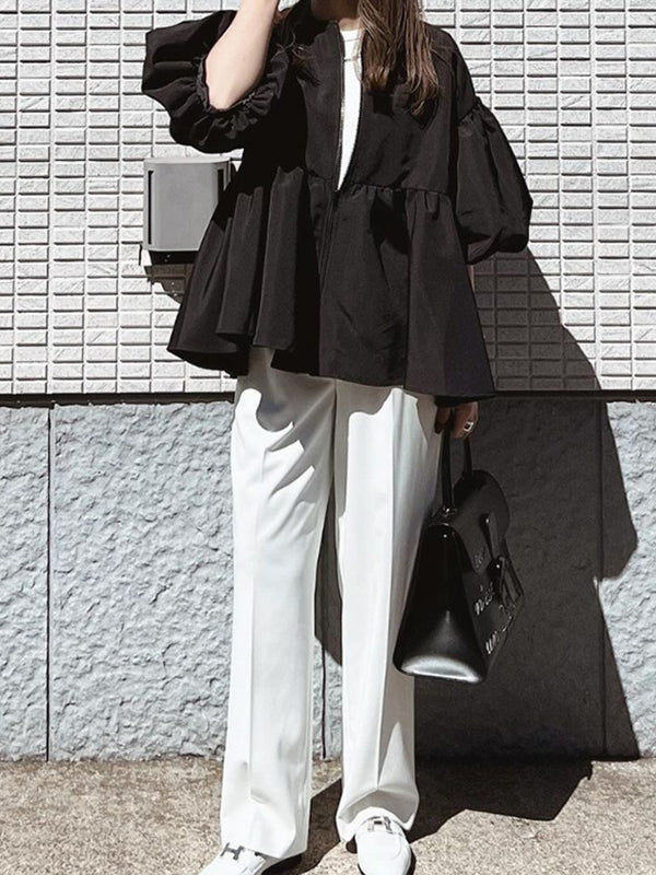 Long Sleeves Loose Elasticity Pleated Solid Color Split-Joint Zipper Round-Neck Outerwear