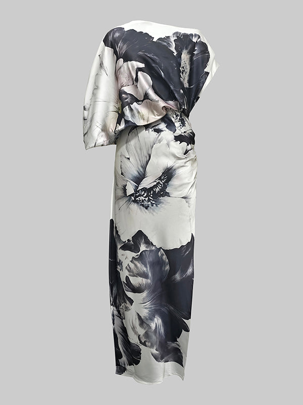 Batwing Sleeves Loose Asymmetric Floral Printed Split-Joint Split-Side One-Shoulder Evening Dresses Maxi Dresses