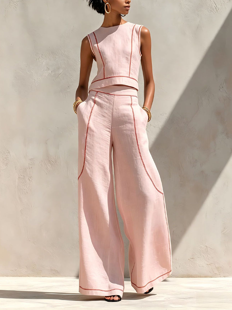 Plus Size Contrast Color Line Round-neck Tank Top + High Waisted Pockets Pants Trousers Two Pieces Set