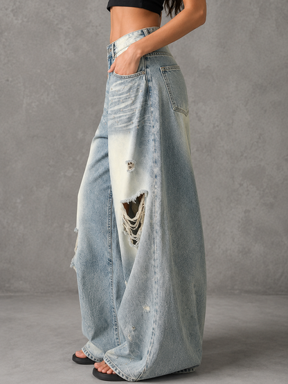 High Waisted Wide Leg Buttoned Contrast Color Hollow Pockets Split-Joint Jean Pants Bottoms