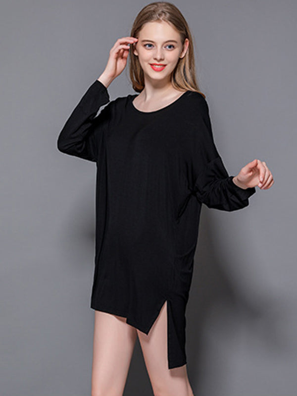 Solid Color Modal Plus Size High-Low Long Sleeve Pajamas Dress