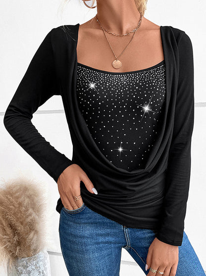 False Two Long Sleeves Rhine Stones Split-Joint Square-Neck T-Shirts Tops