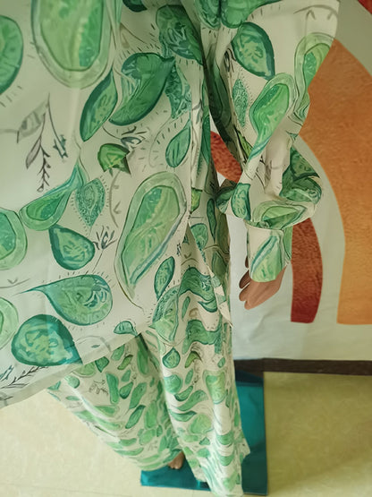 Leaves Print Long Sleeves Loose Buttoned Split-Side Lapel Shirts Top +  Pants Bottom Two Pieces Set