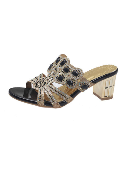 Square Heel Open Toe Rhinestone Pumps