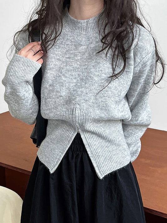 Long Sleeves Loose Solid Color Zipper Mock Neck Pullovers Sweater Tops