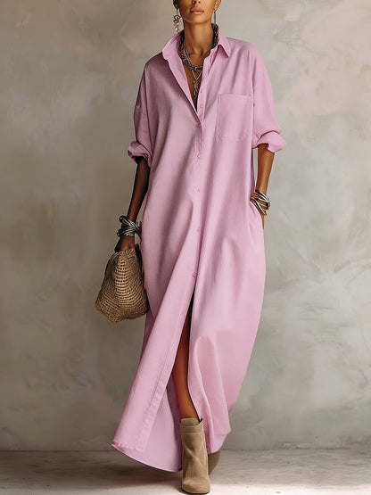 Long Sleeves Loose Buttoned Pockets Solid Color Lapel Maxi Dresses Shirt Dress
