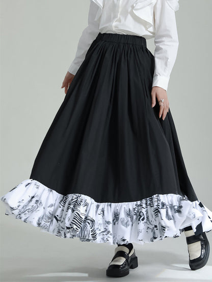 High Waisted Loose Asymmetric Elasticity Pleated Printed Ruffled Split-Joint Skirts Bottoms