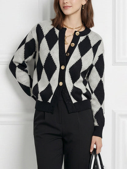 Long Sleeves Buttoned Plaid Round-Neck Cardigan Tops