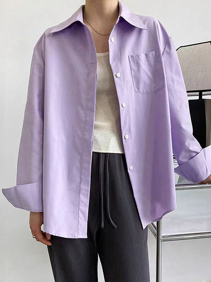 Long Sleeves Loose Buttoned Pockets Solid Color Lapel Blouses&Shirts Tops