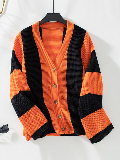 Long Sleeves Loose Buttoned Contrast Color Split-Joint Striped V-Neck Cardigan Tops