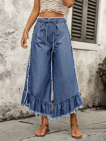 Cropped Wide Leg Drawstring Fringed Ruffled Solid Color Jean Pants Bottoms