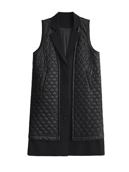 Loose Sleeveless Buttoned Plaid Pockets Solid Color Split-Joint Notched Collar Outerwear Padded Vest