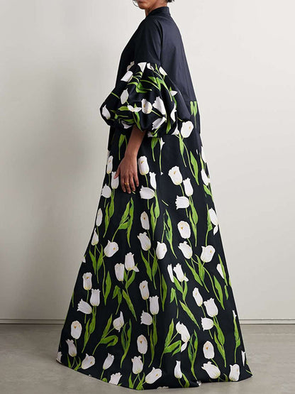 Loose Plus Size Flower Print Pleated Split-Joint Stand Collar Maxi Dresses Trench Coats