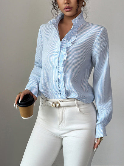 Long Sleeves Skinny Buttoned Ruffled Split-Joint Striped Stand Collar Blouses&Shirts Tops