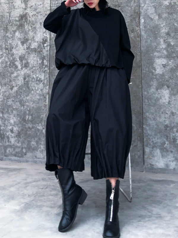 Solid Color Loose Long Sleeves Asymmetric Pleated Split-Joint Round-Neck Shirts Top +  Pants Bottom Two Pieces Set
