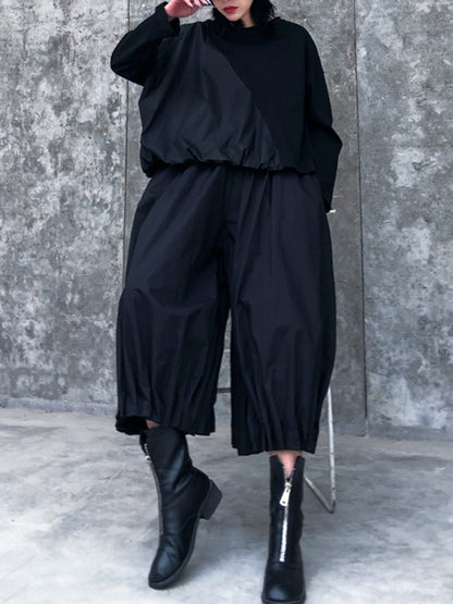 Solid Color Loose Long Sleeves Asymmetric Pleated Split-Joint Round-Neck Shirts Top +  Pants Bottom Two Pieces Set