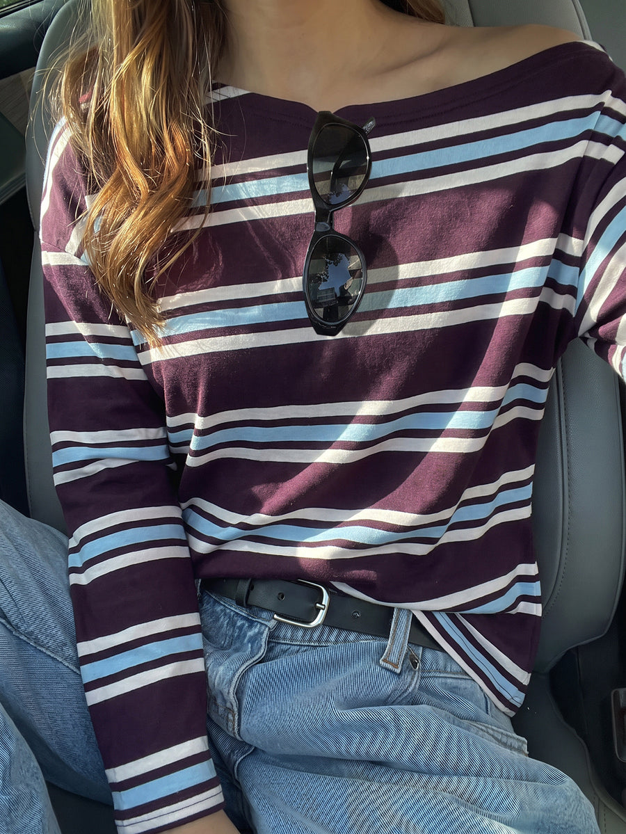 Striped Look-thin Long Sleeves One-shoulder T-Shirts Tops