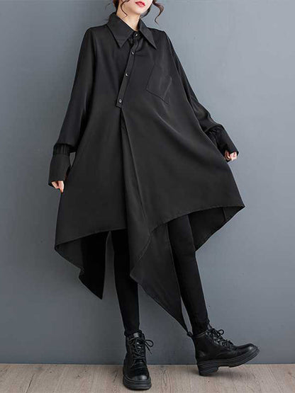 Irregularity Long Sleeves Buttoned Pockets Solid Color Split-Joint Lapel Midi Dresses Shirt Dress