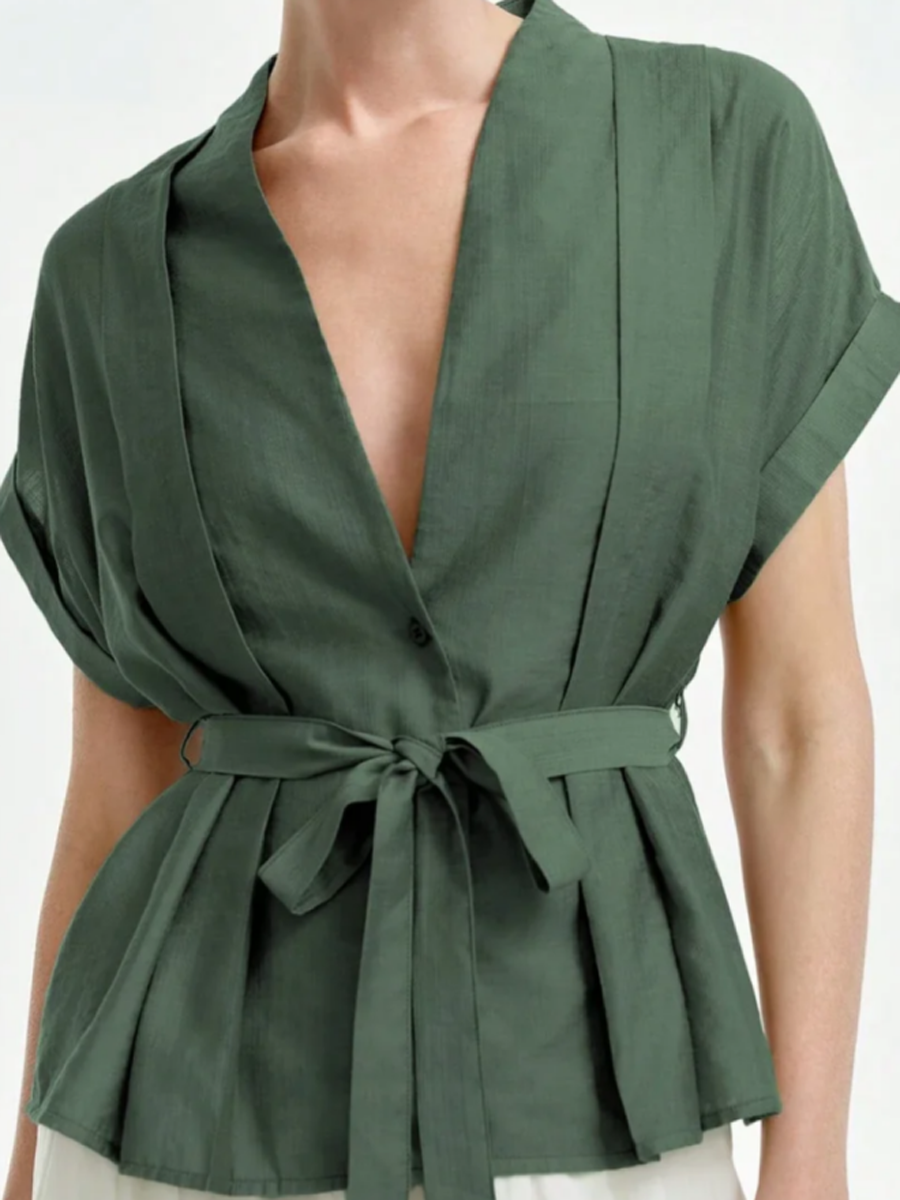 Loose Short Sleeves Buttoned Solid Color Tied Waist V-Neck Blouses&Shirts Tops