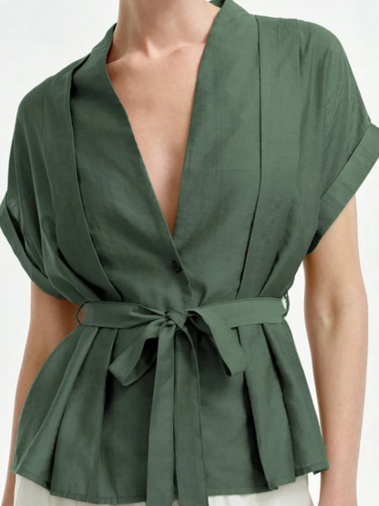 Loose Short Sleeves Buttoned Solid Color Tied Waist V-Neck Blouses&Shirts Tops