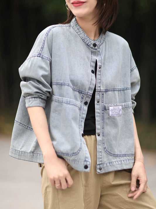 Long Sleeves Loose Buttoned Pockets Split-Joint Round-Neck Denim Outerwear