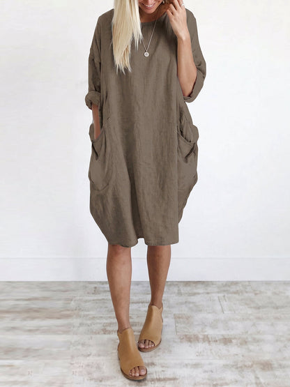 Long Sleeves Loose Pockets Solid Color Round-Neck Mini Dresses