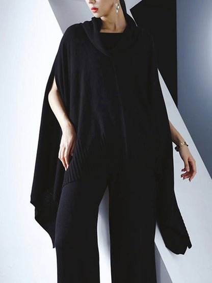 High-Low Long Sleeves Solid Color Heaps Collar Pullovers Sweater Tops