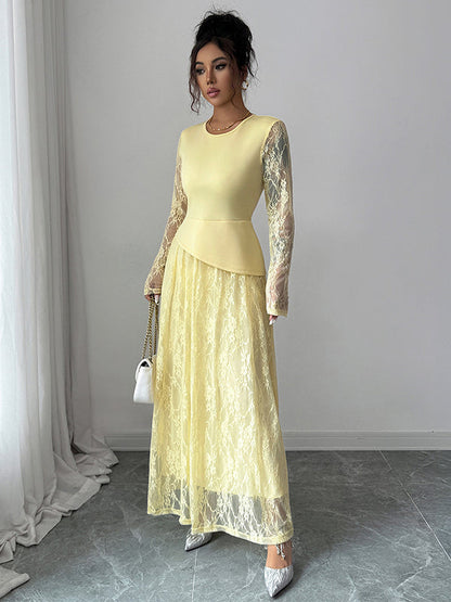 A-Line Irregularity Asymmetric Flower Print Layered See-Through Solid Color Split-Joint Round-Neck Maxi Dresses