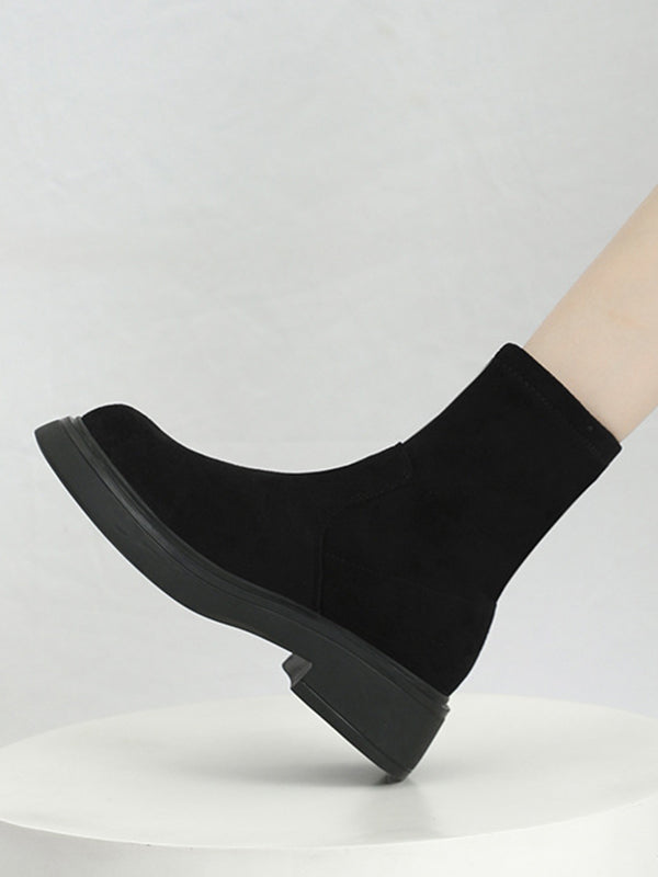 Chunky Shoes Round-Toe Split-Joint Velvet Boots