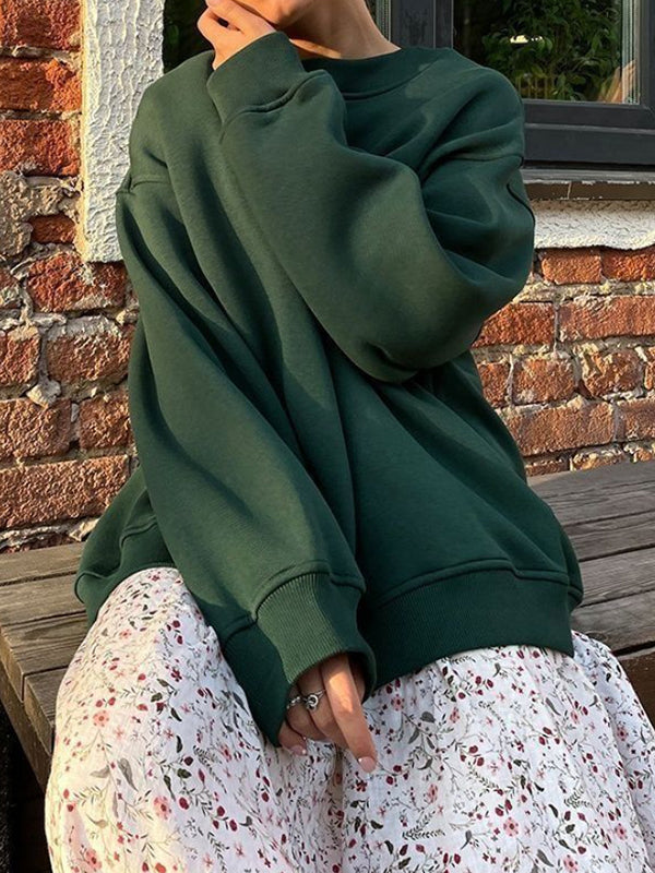 Long Sleeves Loose Solid Color Round-Neck Sweatshirt Tops