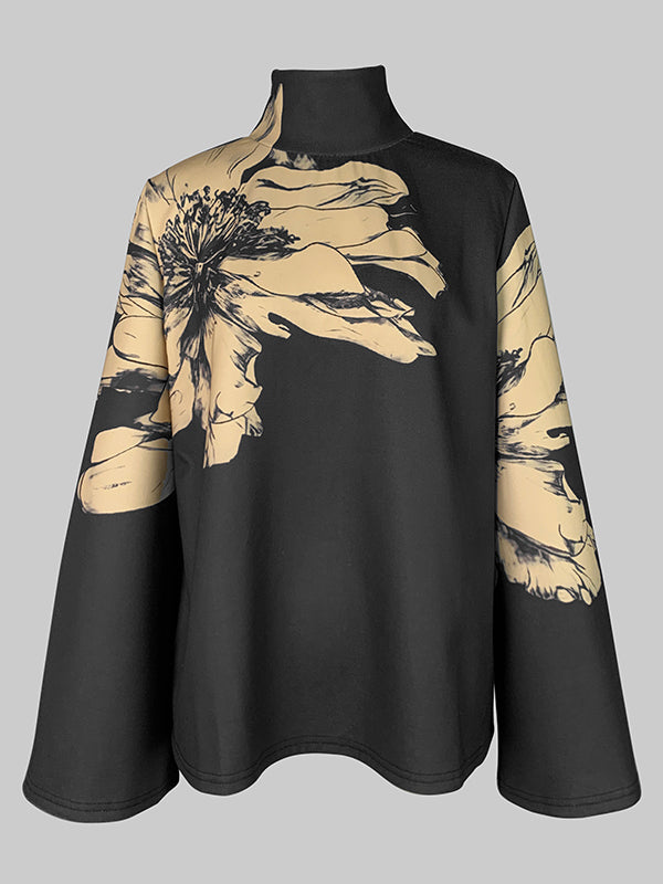 Flared Sleeves Long Sleeves Flower Print High Neck T-Shirts Tops