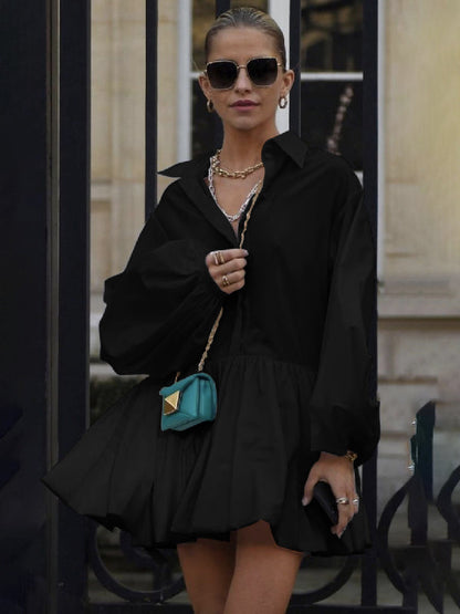 Puff Sleeves Buttoned Solid Color Split-Joint Lapel Mini Dresses Shirt Dress