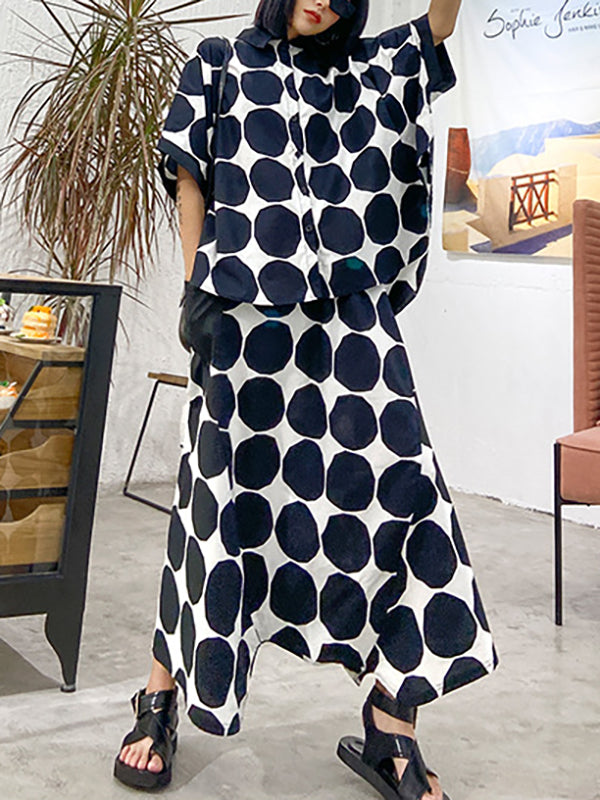 Batwing Sleeves Buttoned Polka-Dot Round-Neck Shirts Top + Elasticity Pockets Harem Pants Pants Bottom Two Pieces Set