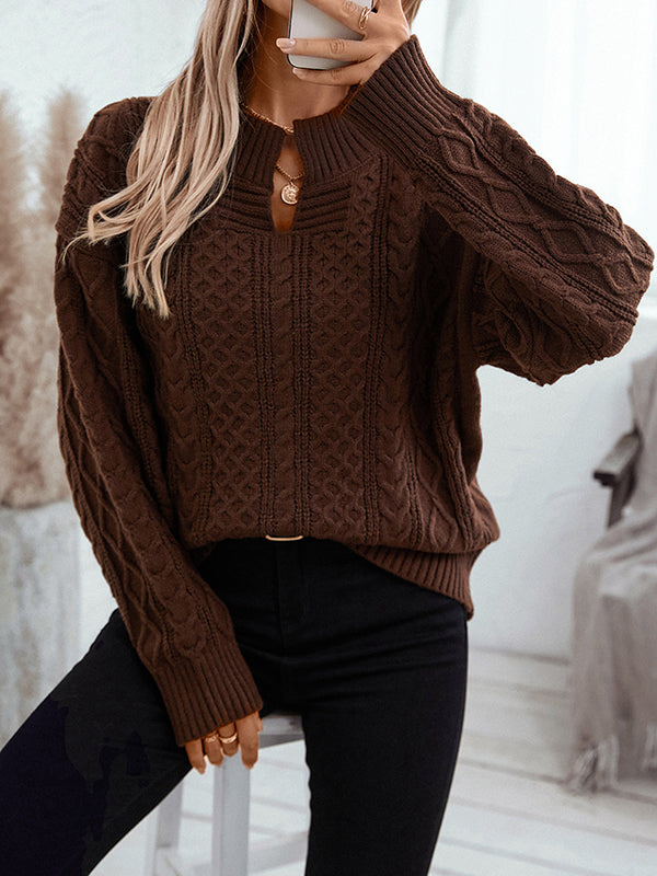 Long Sleeves Loose Solid Color Split-Joint V-Neck Pullovers Sweater Tops