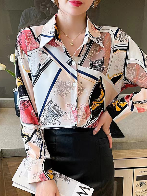 Long Sleeves Loose Buttoned Printed Split-Joint Lapel Blouses&Shirts Tops