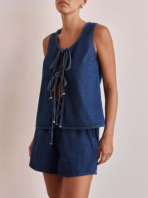 Loose Sleeveless Lace-Up Split-Joint Round-Neck Vest Top