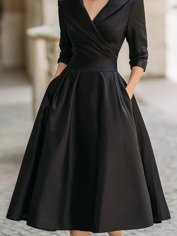 A-Line Three-Quarter Sleeves Pleated Pockets Solid Color V-Neck Midi Dresses