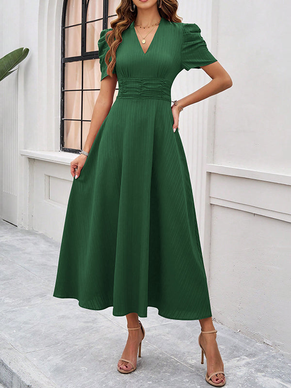 A-Line High Waisted Pleated Solid Color Zipper V-Neck Maxi Dresses