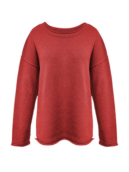 Long Sleeves Loose Solid Color Split-Joint Round-Neck Sweater Tops
