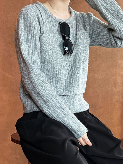 False Two Long Sleeves Solid Color Round-Neck Pullovers Sweater Tops